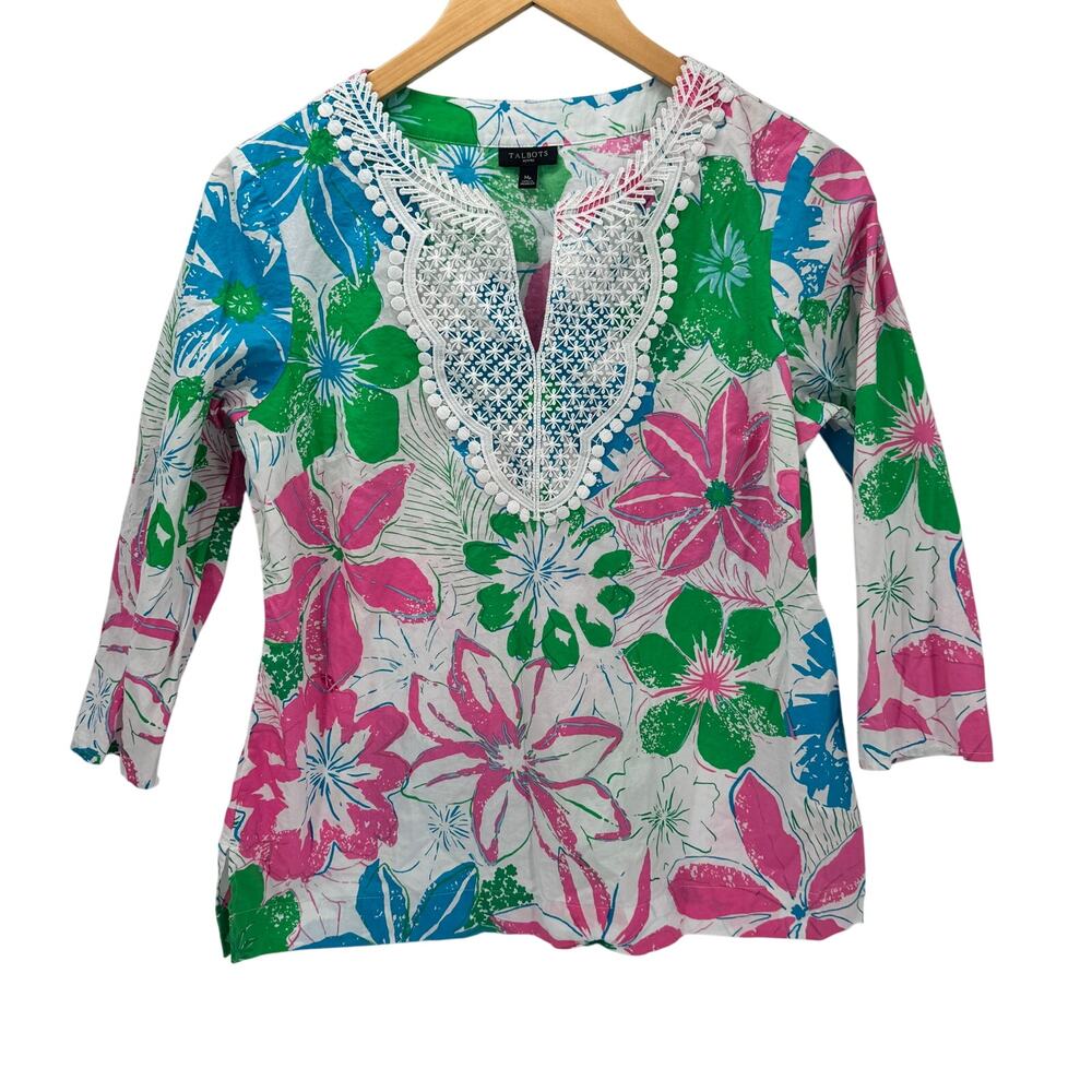 Talbots Blouse Womens Petite Medium Mp V-Neck Tropical Floral 3/4 Sleeve Coastal
